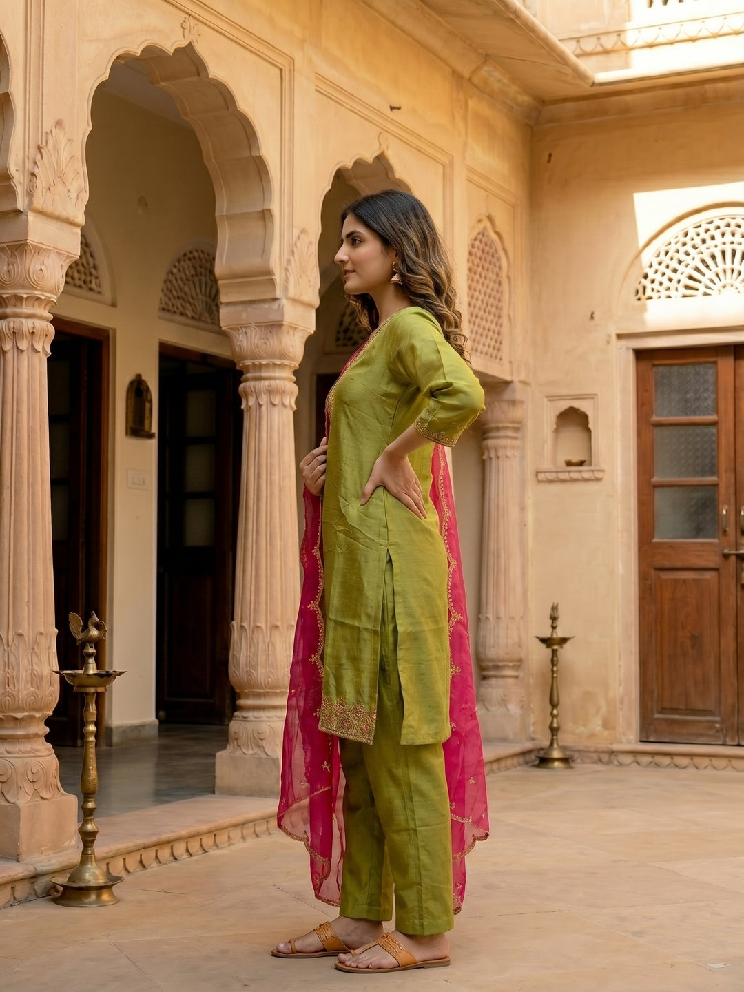 Solid Embroidered Straight Kurta with Palazzo & Organza Dupatta - Green