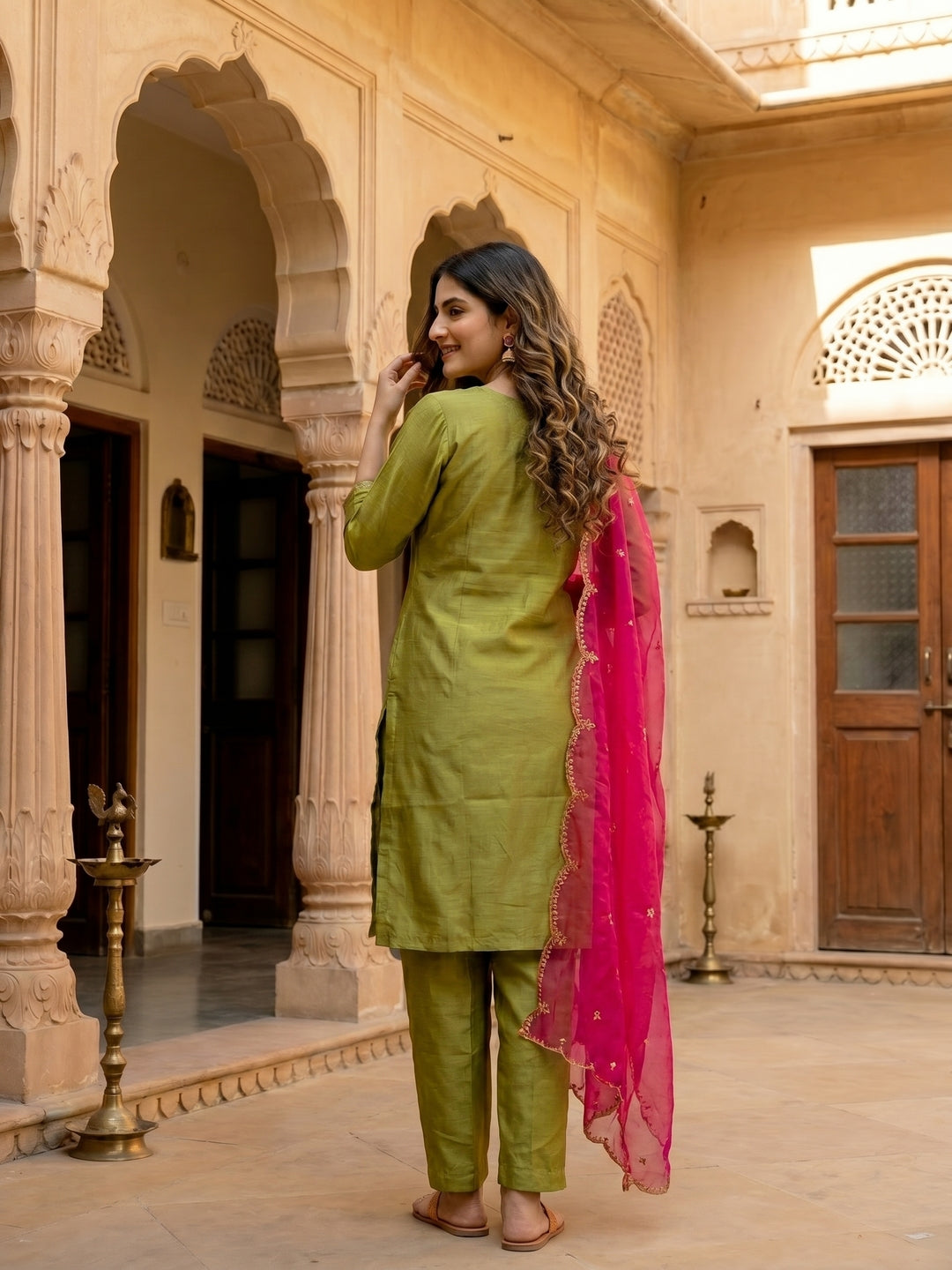 Solid Embroidered Straight Kurta with Palazzo & Organza Dupatta - Green