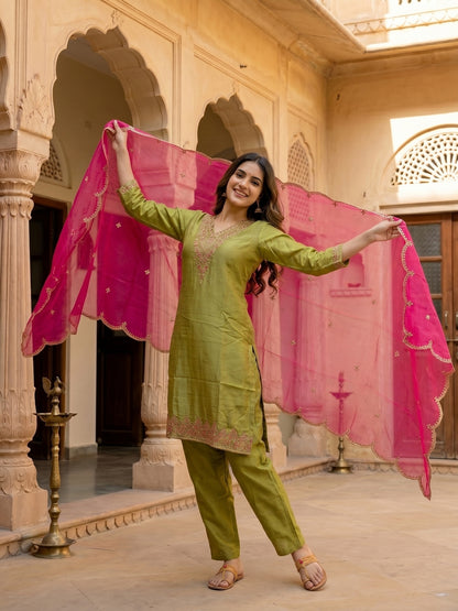 Solid Embroidered Straight Kurta with Palazzo & Organza Dupatta - Green