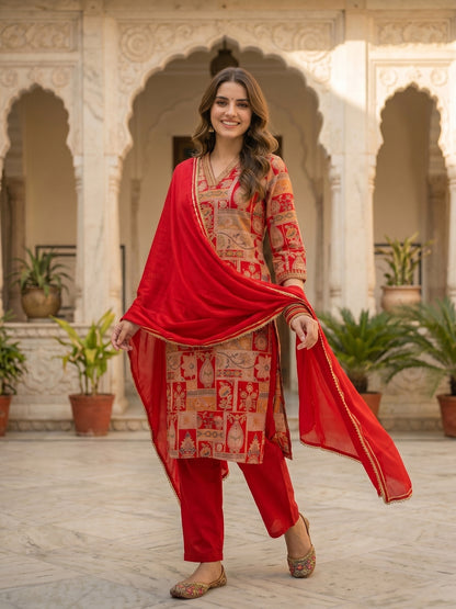 Ethnic Floral Printed & Mirror Work Straight Kurta with Pant & Dupatta - Red