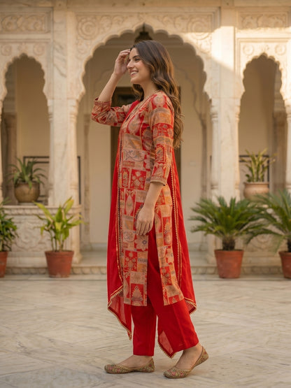 Ethnic Floral Printed & Mirror Work Straight Kurta with Pant & Dupatta - Red