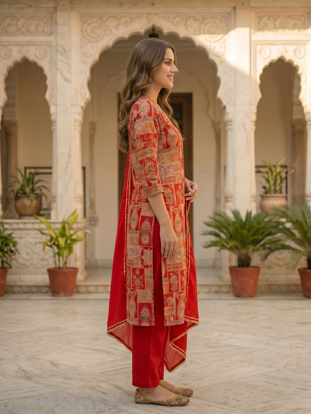 Ethnic Floral Printed & Mirror Work Straight Kurta with Pant & Dupatta - Red