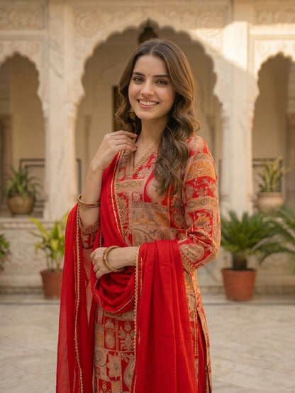Ethnic Floral Printed & Mirror Work Straight Kurta with Pant & Dupatta - Red