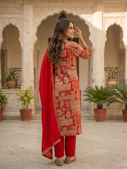 Ethnic Floral Printed & Mirror Work Straight Kurta with Pant & Dupatta - Red