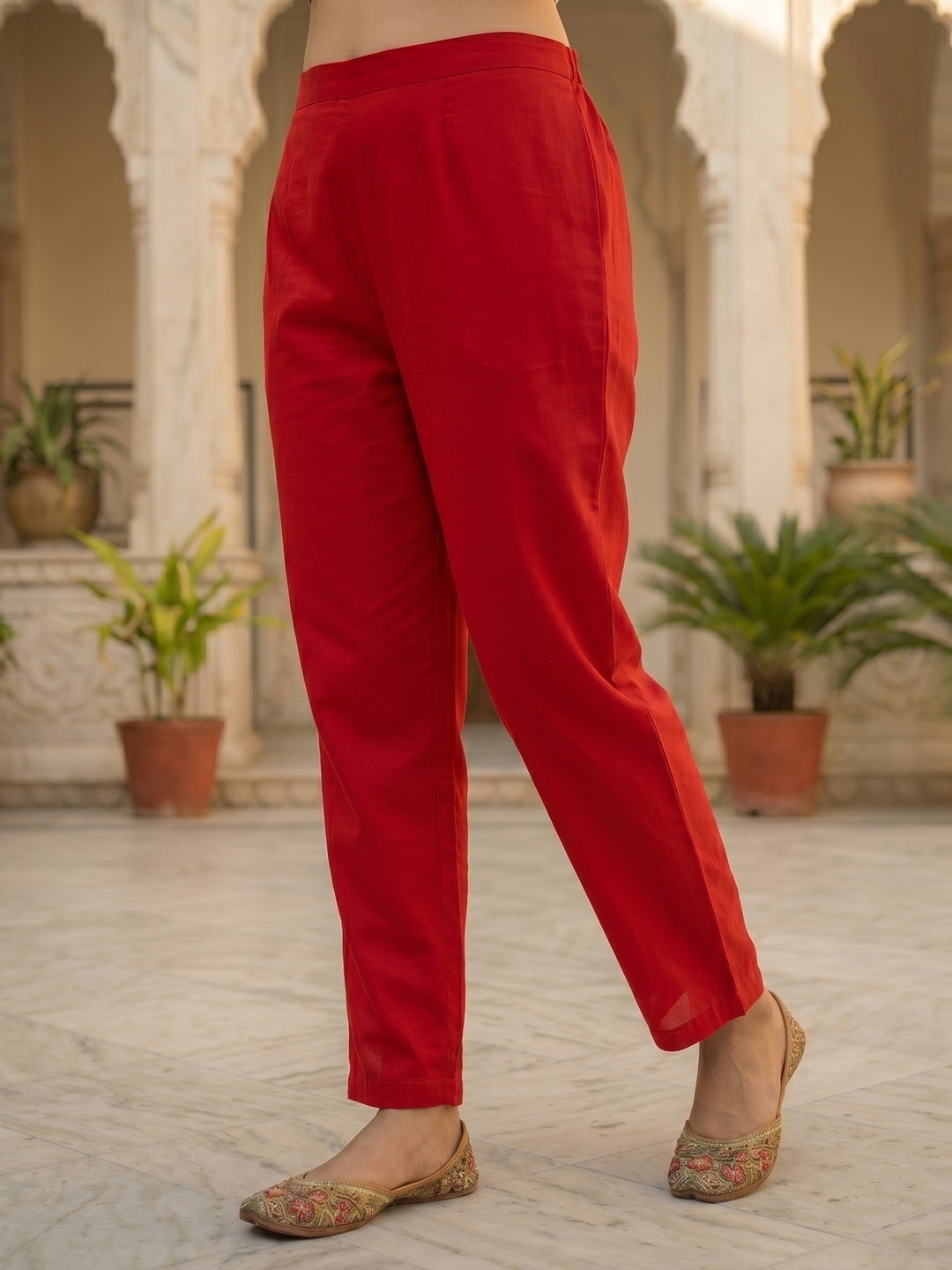 Ethnic Floral Printed & Mirror Work Straight Kurta with Pant & Dupatta - Red