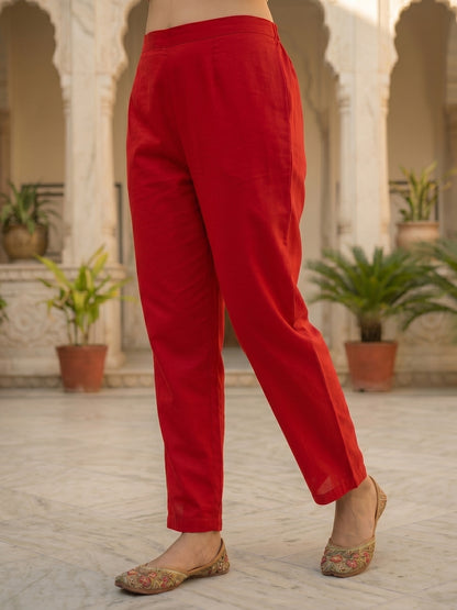 Ethnic Floral Printed & Mirror Work Straight Kurta with Pant & Dupatta - Red