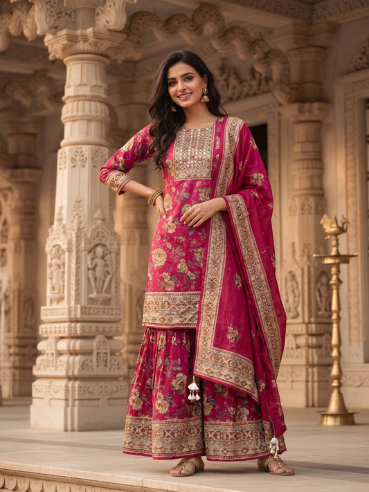 Floral Printed & Embroidered Straight Kurta with Sharara & Dupatta - Pink
