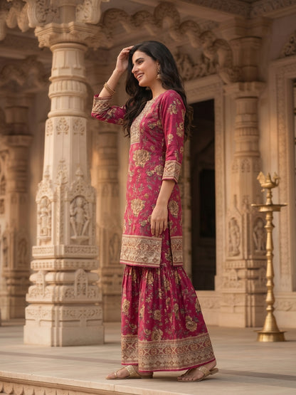 Floral Printed & Embroidered Straight Kurta with Sharara & Dupatta - Pink