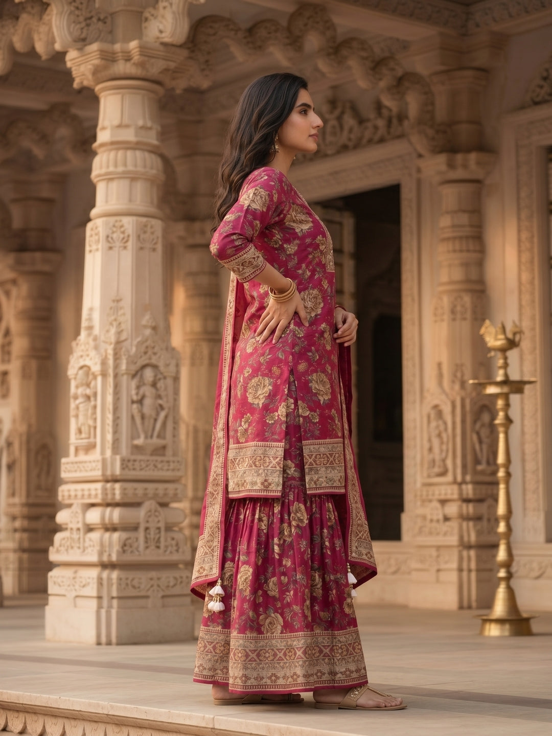 Floral Printed & Embroidered Straight Kurta with Sharara & Dupatta - Pink