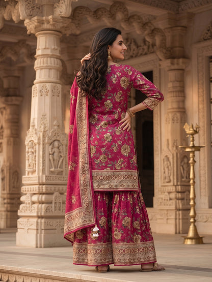 Floral Printed & Embroidered Straight Kurta with Sharara & Dupatta - Pink