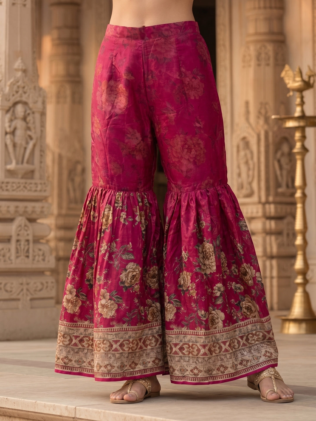 Floral Printed & Embroidered Straight Kurta with Sharara & Dupatta - Pink