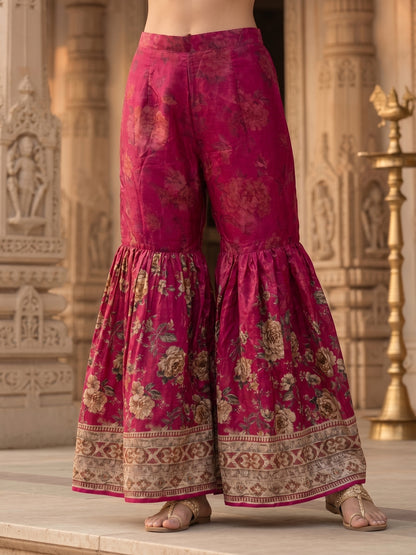 Floral Printed & Embroidered Straight Kurta with Sharara & Dupatta - Pink