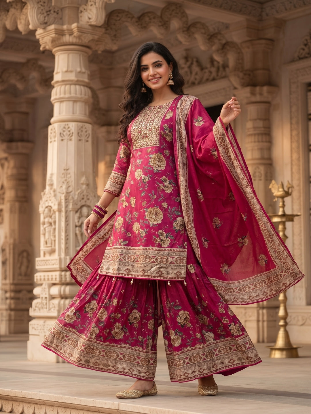 Floral Printed & Embroidered Straight Kurta with Sharara & Dupatta - Pink