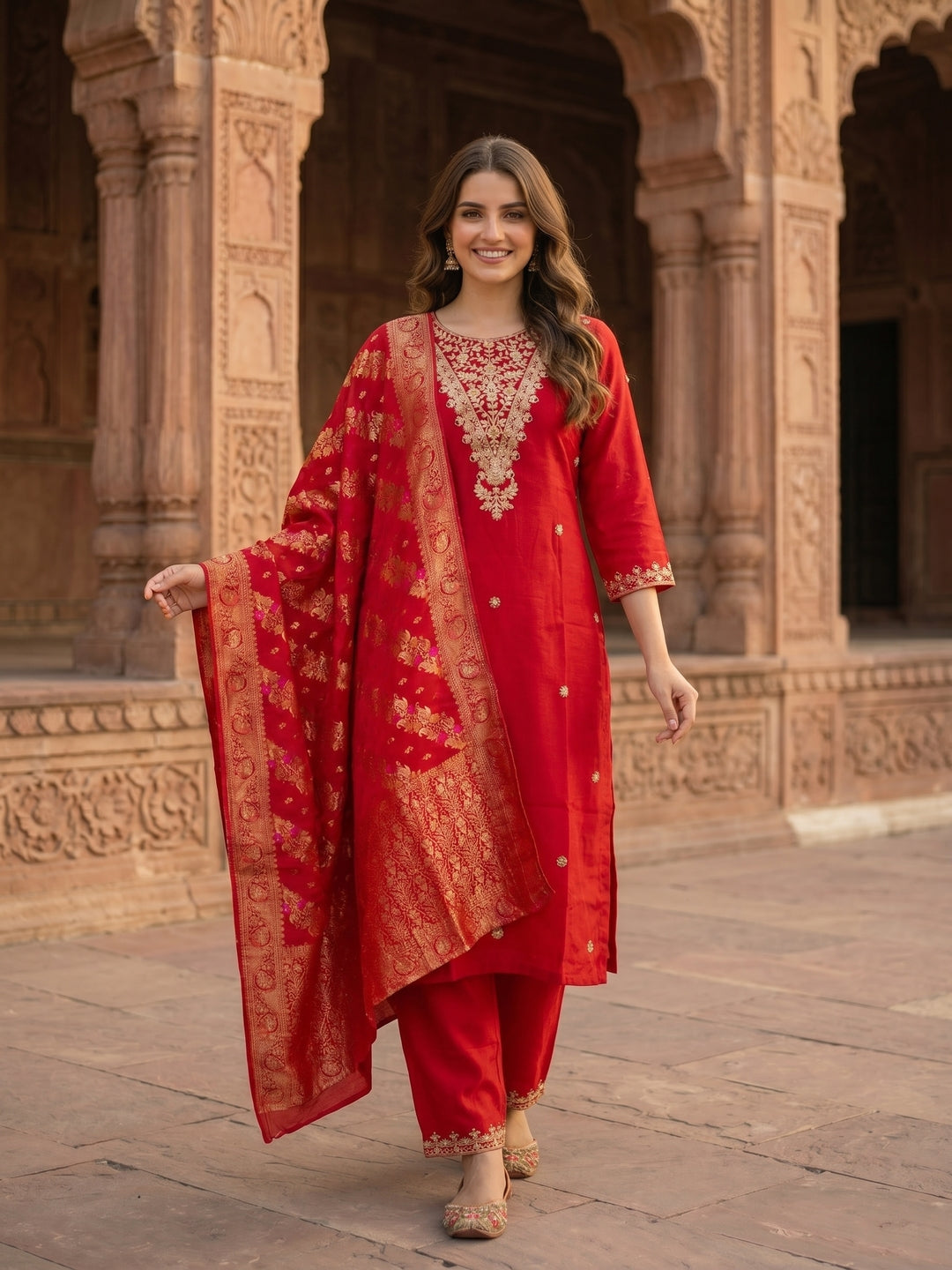 Solid Embroidered Straight Kurta with Pant & Dupatta - Red