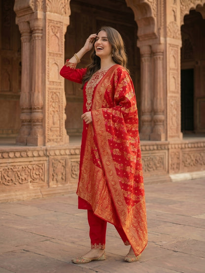 Solid Embroidered Straight Kurta with Pant & Dupatta - Red