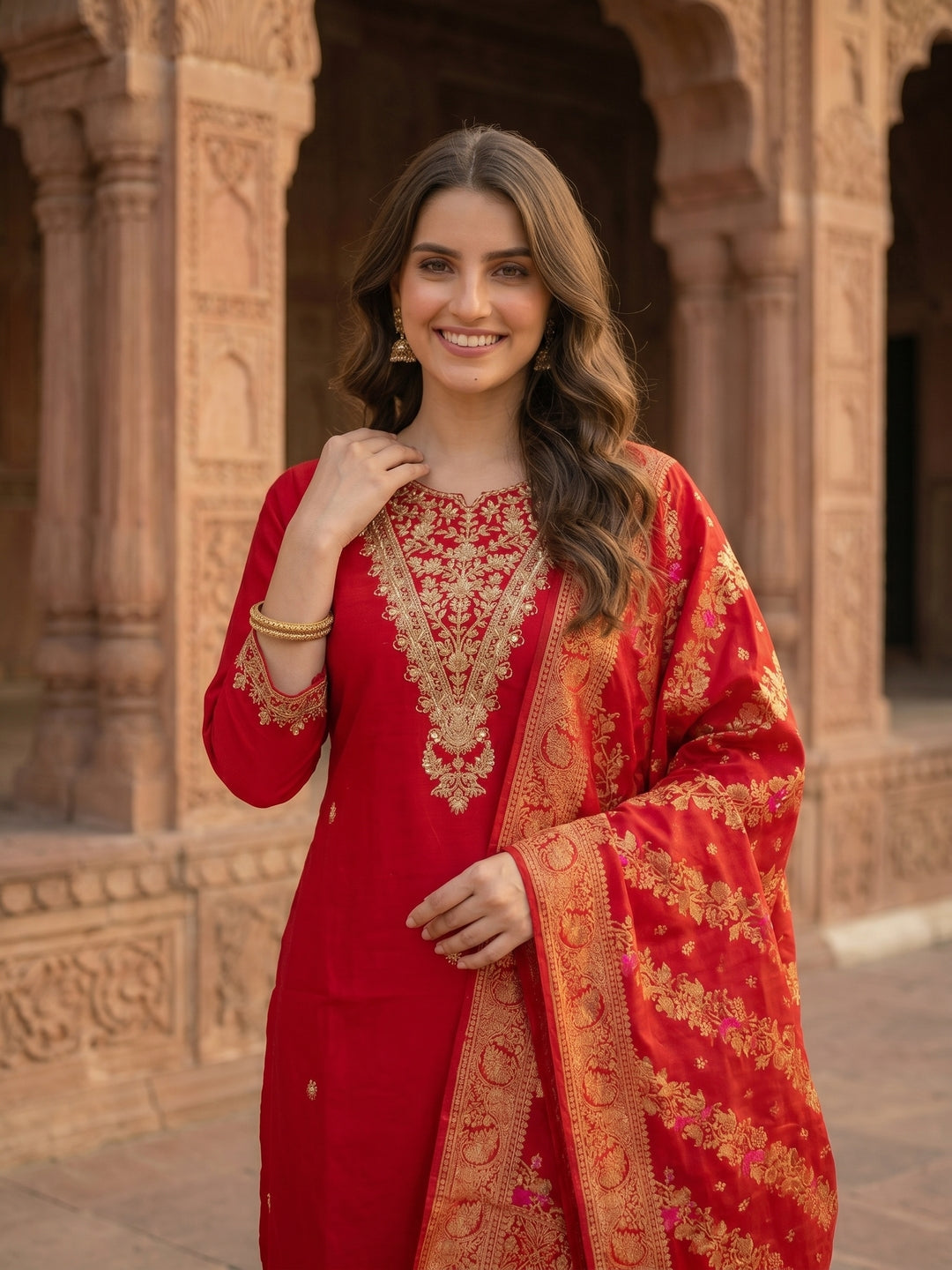Solid Embroidered Straight Kurta with Pant & Dupatta - Red