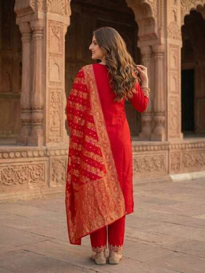 Solid Embroidered Straight Kurta with Pant & Dupatta - Red