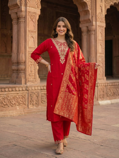 Solid Embroidered Straight Kurta with Pant & Dupatta - Red