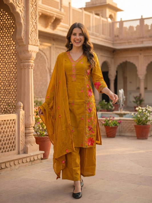 Solid Floral Embroidered A-Line Kurta with Pant & Dupatta - Mustard