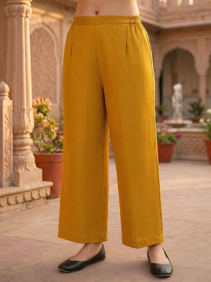 Solid Floral Embroidered A-Line Kurta with Pant & Dupatta - Mustard