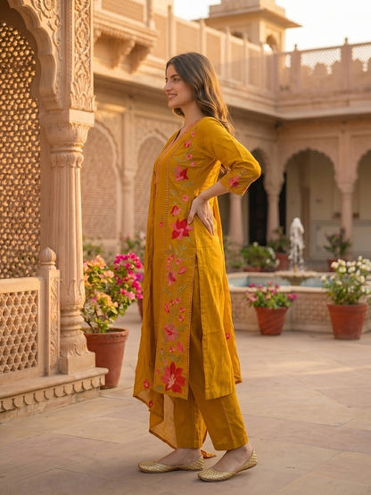 Solid Floral Embroidered A-Line Kurta with Pant & Dupatta - Mustard