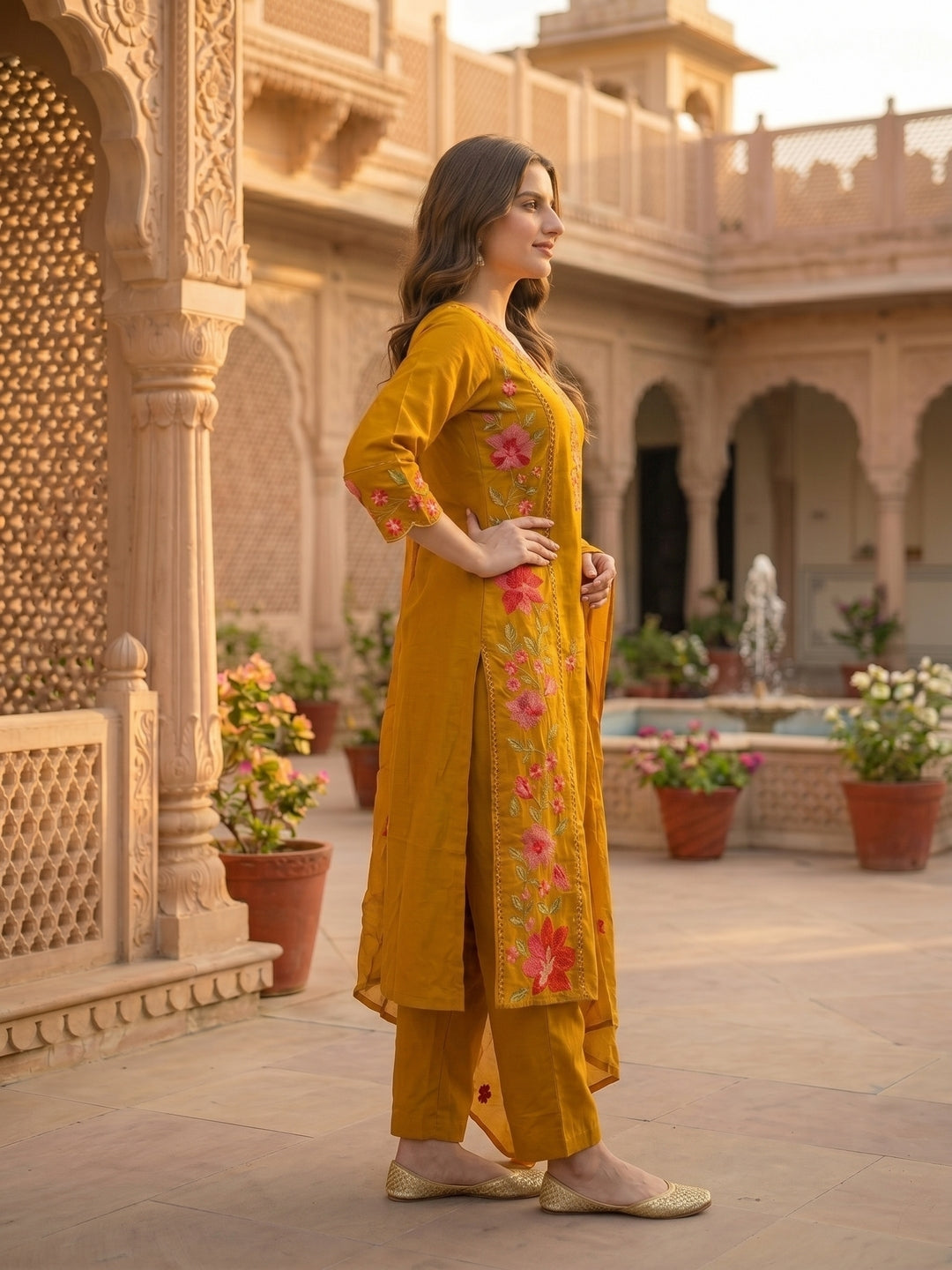Solid Floral Embroidered A-Line Kurta with Pant & Dupatta - Mustard