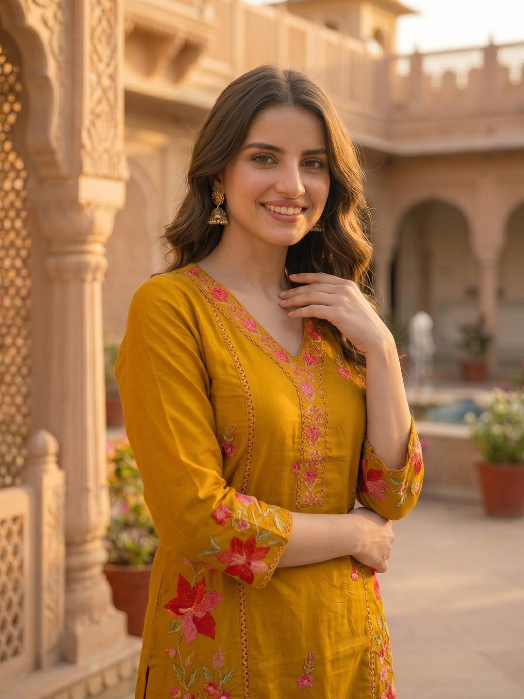 Solid Floral Embroidered A-Line Kurta with Pant & Dupatta - Mustard
