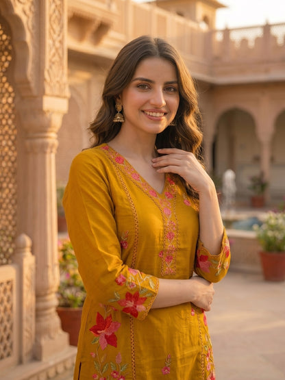 Solid Floral Embroidered A-Line Kurta with Pant & Dupatta - Mustard