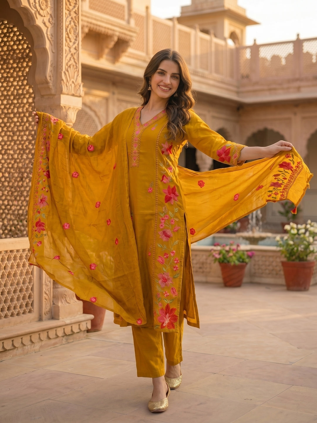 Solid Floral Embroidered A-Line Kurta with Pant & Dupatta - Mustard