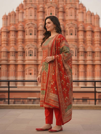 Ethnic Floral Printed Embroidered Straight Fit Kurta with Pant & Dupatta - Rust