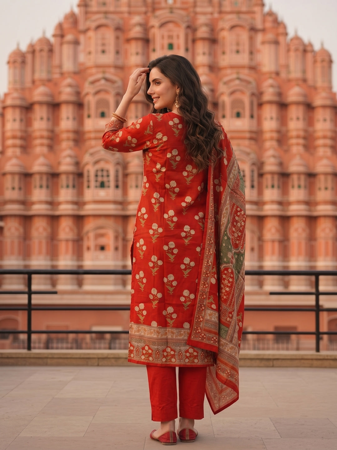 Ethnic Floral Printed Embroidered Straight Fit Kurta with Pant & Dupatta - Rust