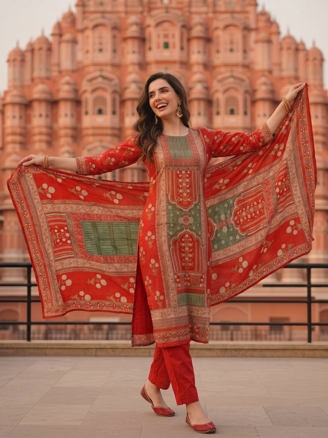 Ethnic Floral Printed Embroidered Straight Fit Kurta with Pant & Dupatta - Rust