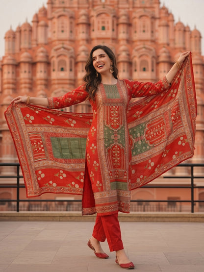 Ethnic Floral Printed Embroidered Straight Fit Kurta with Pant & Dupatta - Rust