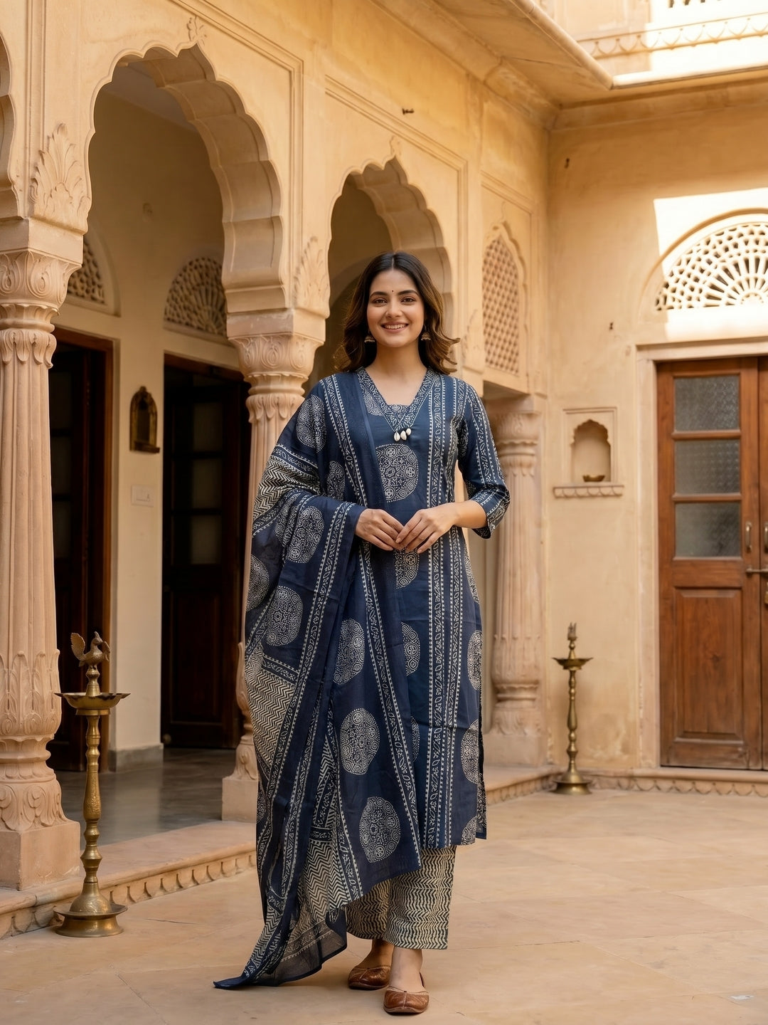 Ajrakh Printed Straight Fit Kurta with Pant and Pure Cotton Dupatta - Blue