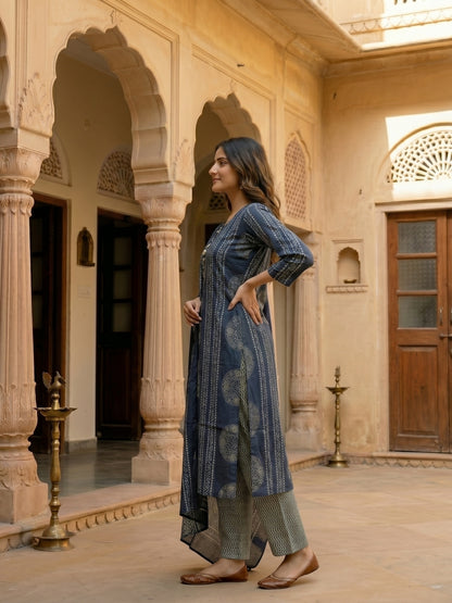 Ajrakh Printed Straight Fit Kurta with Pant and Pure Cotton Dupatta - Blue