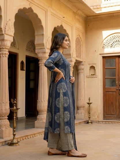 Ajrakh Printed Straight Fit Kurta with Pant and Pure Cotton Dupatta - Blue