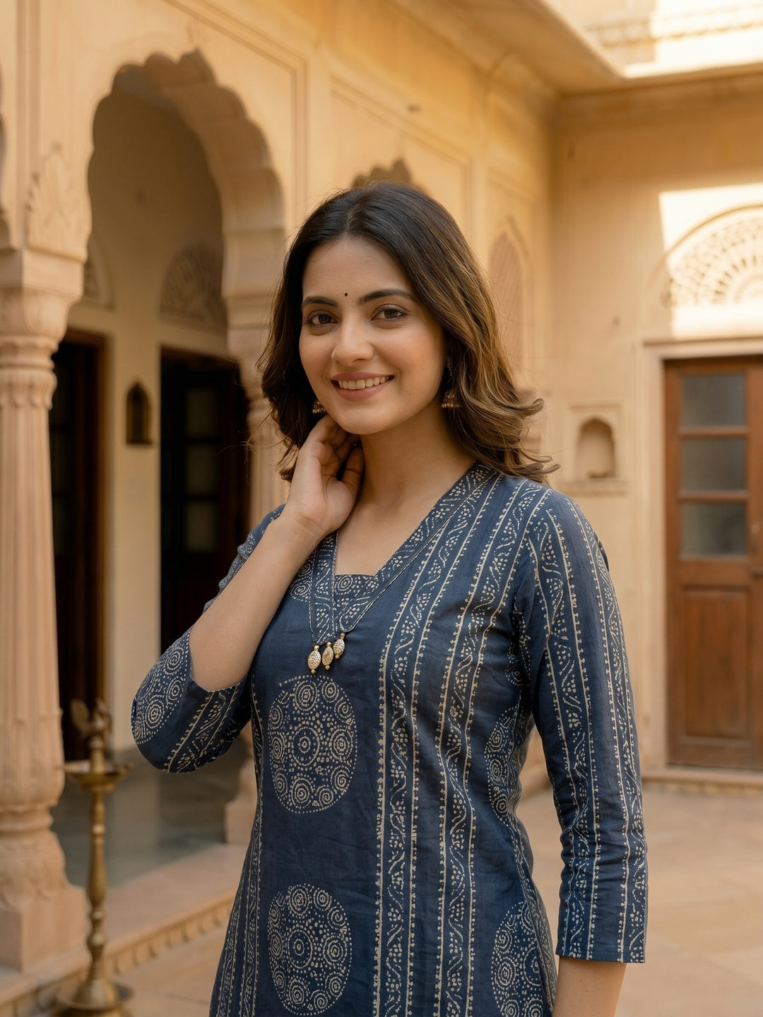 Ajrakh Printed Straight Fit Kurta with Pant and Pure Cotton Dupatta - Blue