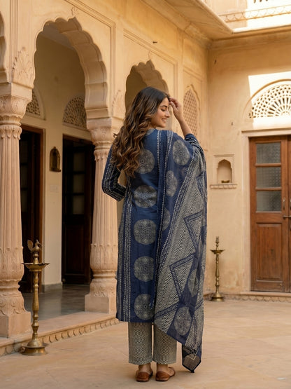 Ajrakh Printed Straight Fit Kurta with Pant and Pure Cotton Dupatta - Blue