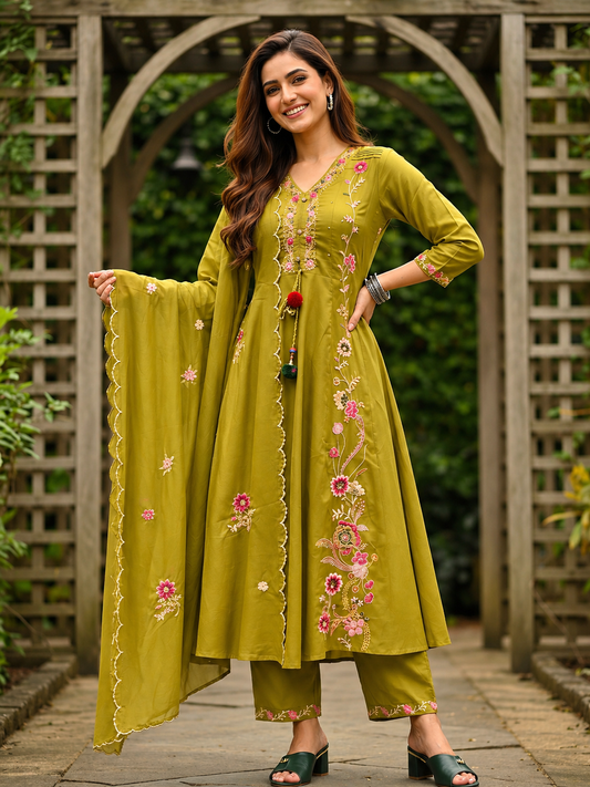 Solid Floral Embroidered Anarkali with Pant & Scalloped Dupatta - Green