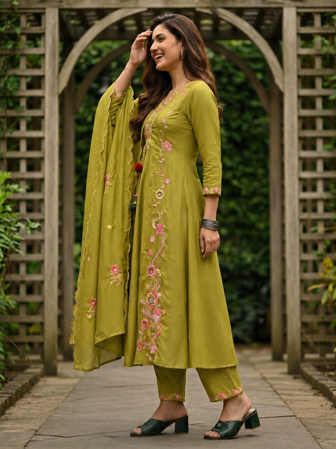 Solid Floral Embroidered Anarkali with Pant & Scalloped Dupatta - Green