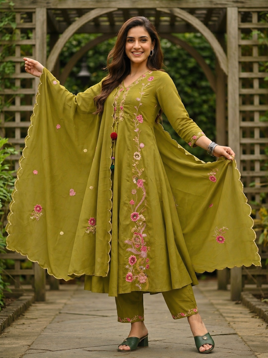 Solid Floral Embroidered Anarkali with Pant & Scalloped Dupatta - Green
