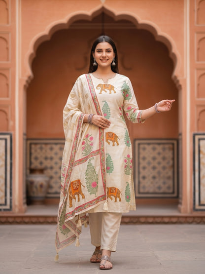 Flora Fauna Embroidered Straight Kurta with Pant & Dupatta - Cream