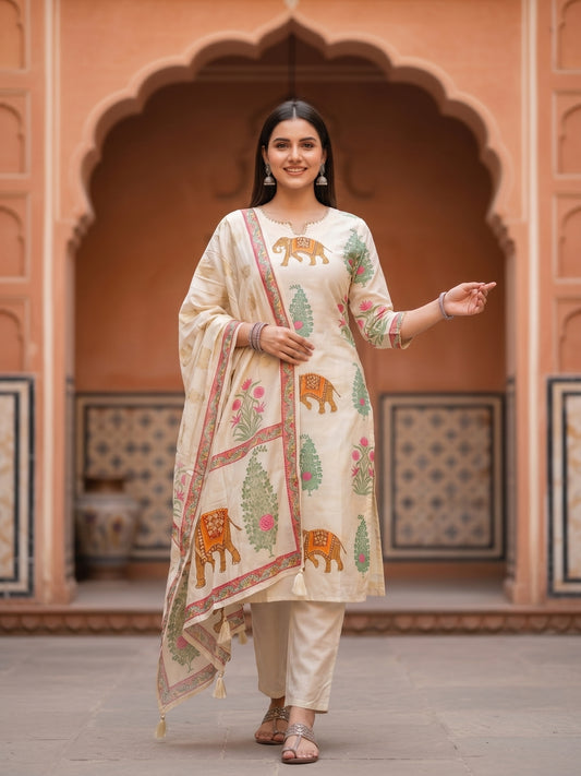 Flora Fauna Embroidered Straight Kurta with Pant & Dupatta - Cream