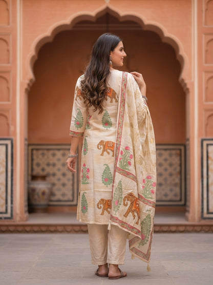 Flora Fauna Embroidered Straight Kurta with Pant & Dupatta - Cream