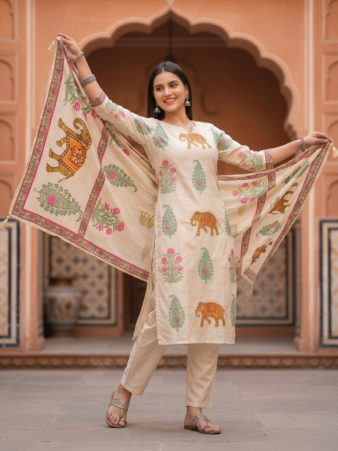Flora Fauna Embroidered Straight Kurta with Pant & Dupatta - Cream