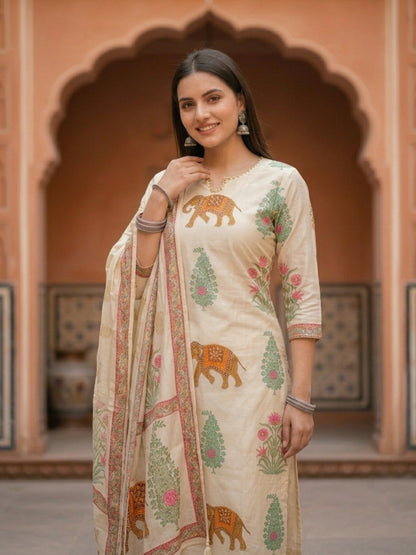 Flora Fauna Embroidered Straight Kurta with Pant & Dupatta - Cream