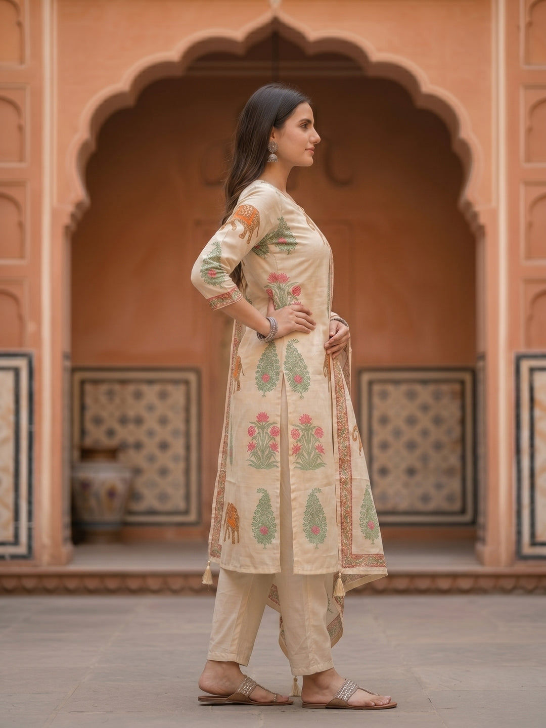 Flora Fauna Embroidered Straight Kurta with Pant & Dupatta - Cream