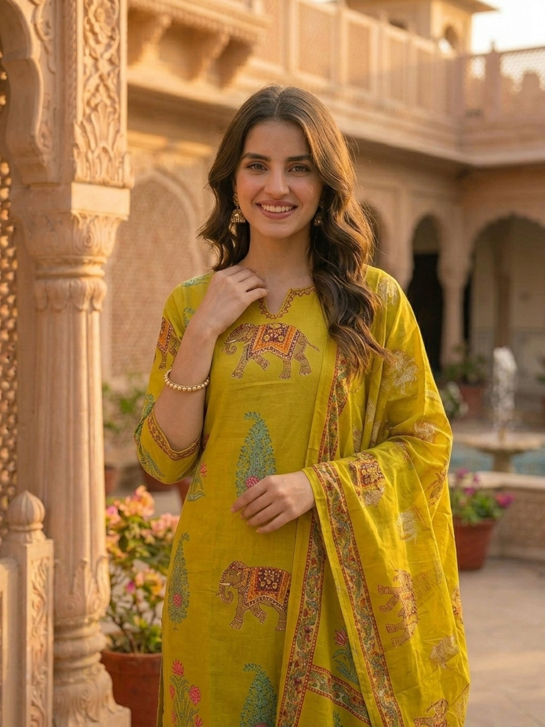Ethnic Floral Printed & Embroidered Straight Kurta with Pant & Dupatta - Yellow