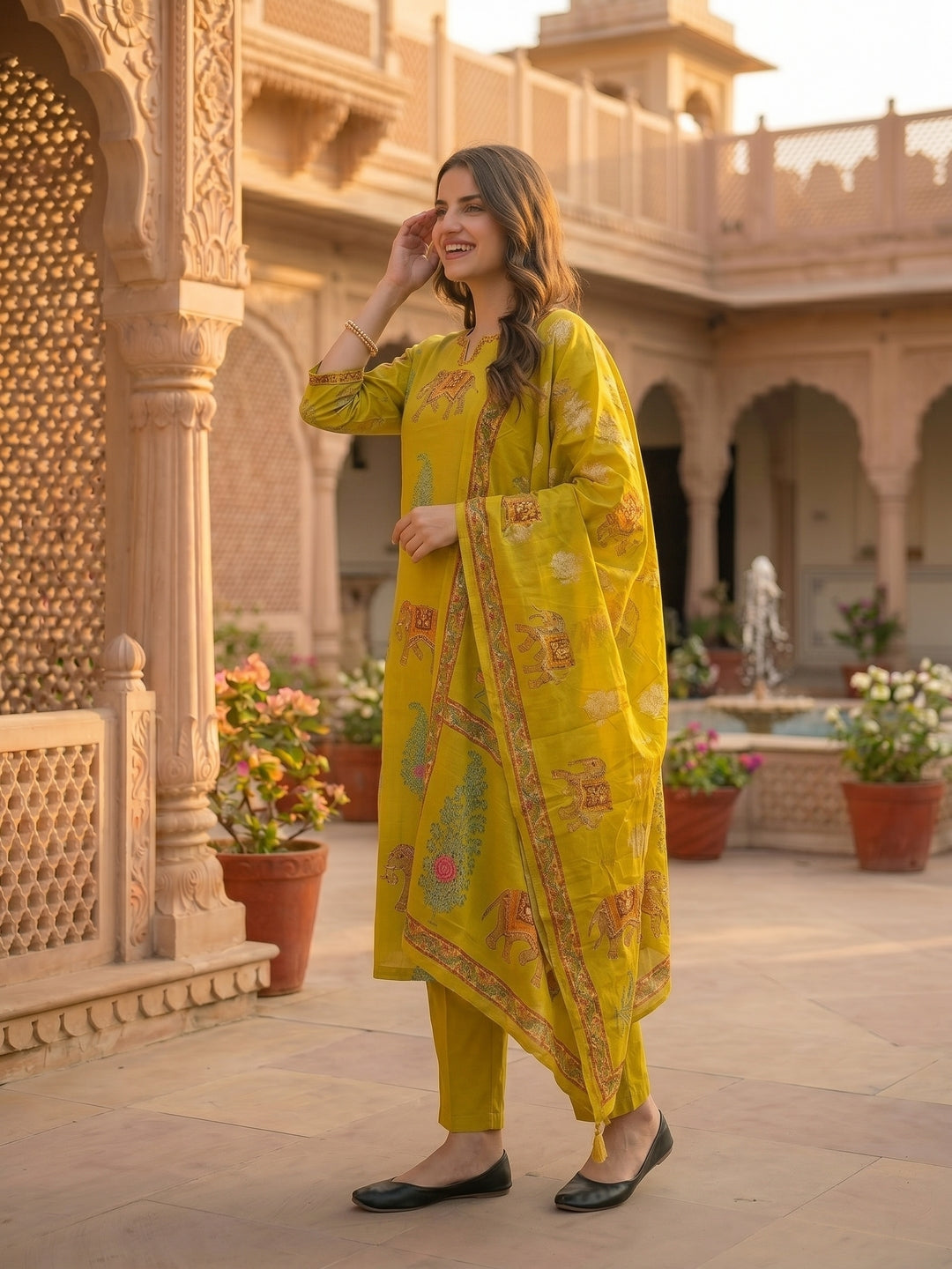 Ethnic Floral Printed & Embroidered Straight Kurta with Pant & Dupatta - Yellow