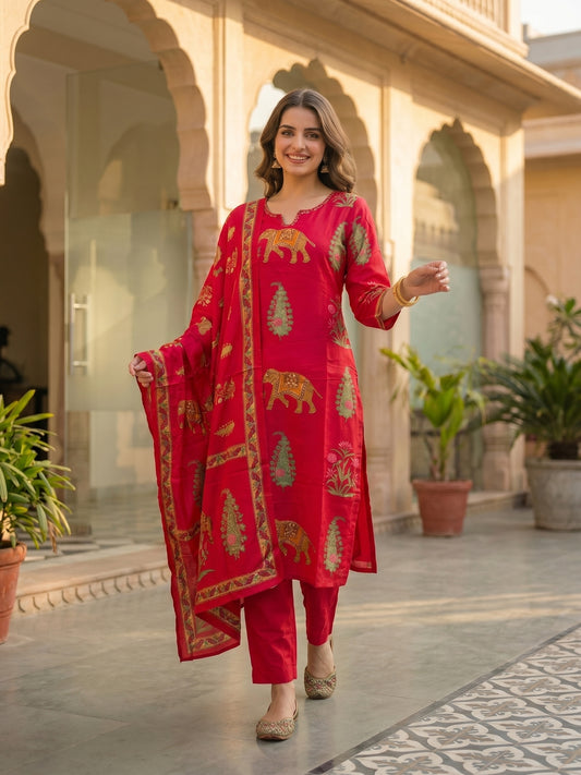 Rani Pink Ethnic Printed Kurta Set with Straight Pant & Dupatta